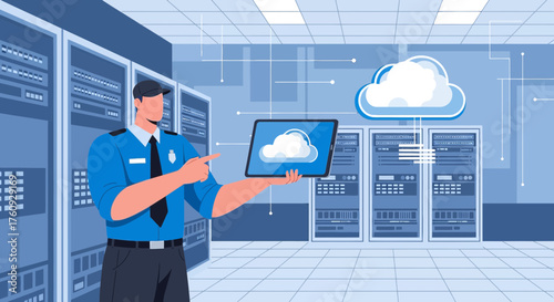 Security guard presenting cloud computing solutions in a data center environment, showcasing