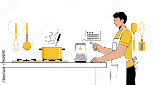 Smart kitchen integration illustration featuring a man using a voice assistant for cooking