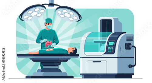 Surgeon using advanced technology for organ transplant in operating room setup with patient