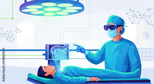 Surgeon utilizing augmented reality for intestine analysis and precise surgical planning in modern