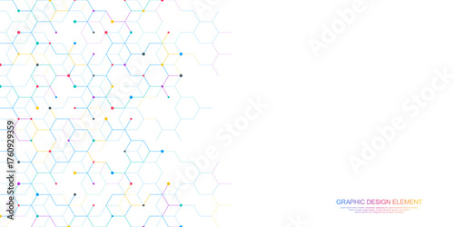 Abstract hexagonal molecular structure with colorful dots on white background