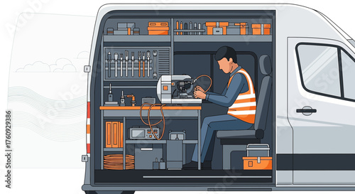 Technician working inside service van, splicing fiber optic cables for telecommunications repair