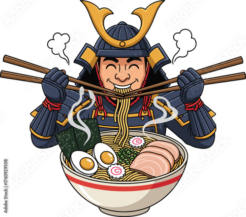 Happy samurai warrior enjoying a delicious bowl of ramen noodles