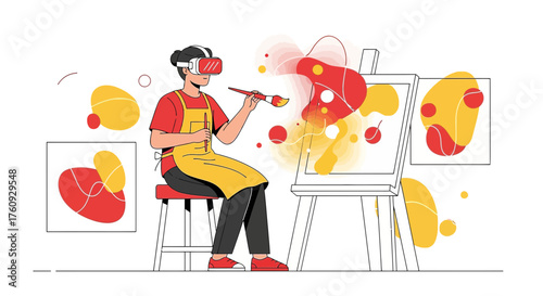 Virtual reality artist painting abstract art on canvas with vr headset and brush innovation