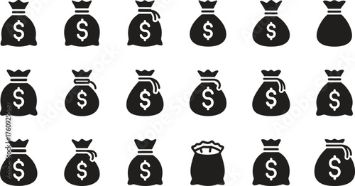 Collection of money bag icons showing abundance and financial wealth