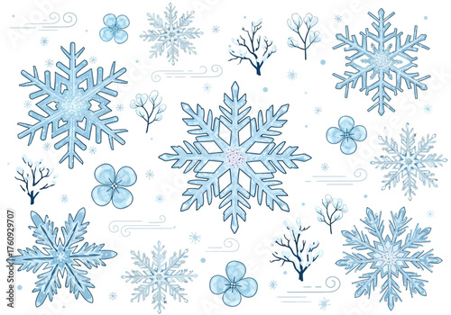 Winter Pattern with Blue Snowflakes Flowers and Snowy Branches.