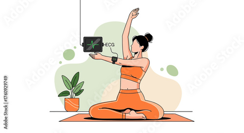 Woman meditating while monitoring her vitals with advanced healthcare technology indoors