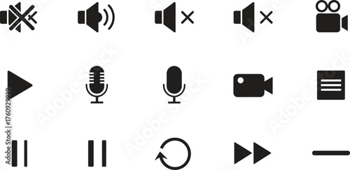 Collection of multimedia and audio video control interface icons symbols