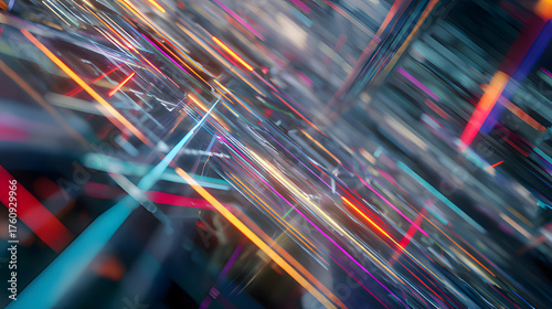 Abstract geometric patterns and light trails in modern tech aesthetic.