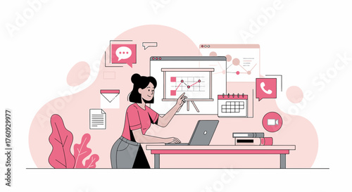 Woman working remotely from home with data charts and communication icons displayed in her workspace