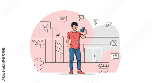 Young influencer filming shopping content in front of retail stores for online platform audiences