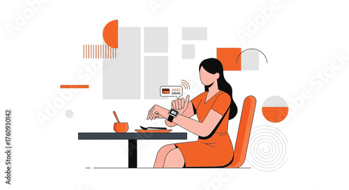 Young woman paying her food bill using her smartwatch contactless payment method