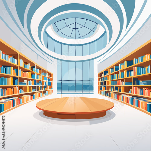 Bright Library with Central Table and Bookshelves Under Circular Skylight Window with Light Blue Accents Illustration