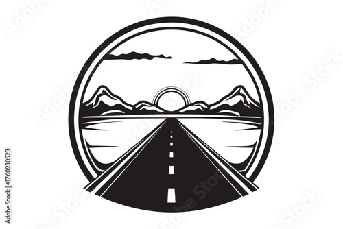 Long asphalt road stretches toward mountains at sunset inside circular border, with minimalist black and white style