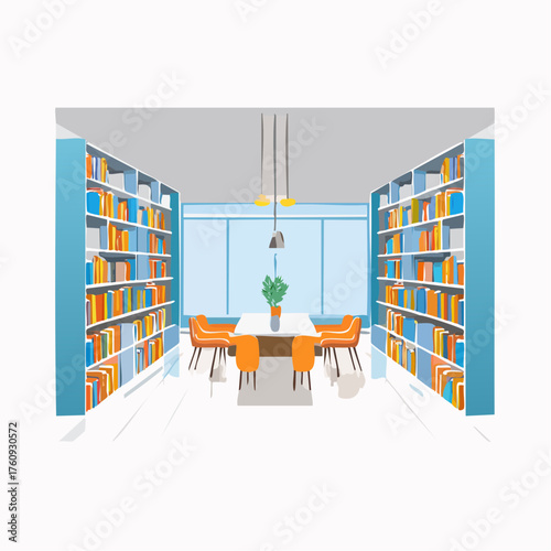 Library Interior with Bookshelves and Table with Chairs in Modern Design with White Background and Orange Accent Colors