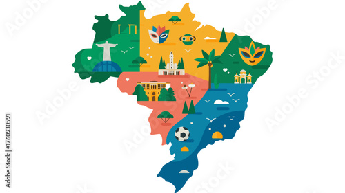 Colorful illustration of the Brazil map, showcasing the country's diverse regions and cultural landmarks.