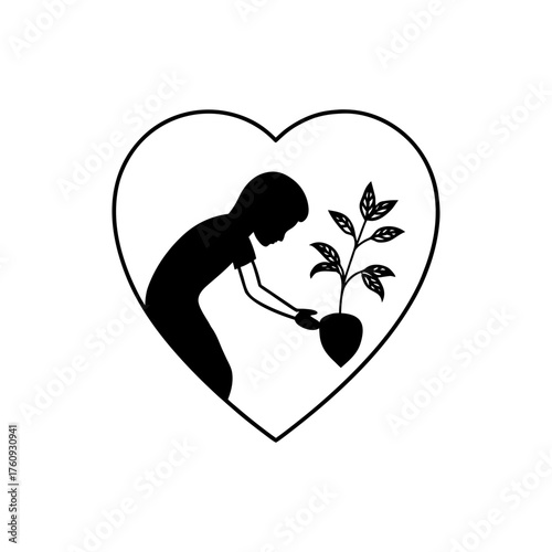 Child nurturing a plant within a heart shape silhouette