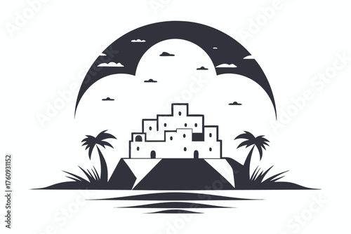 Minimalist silhouette presents an exotic settlement on a hillside under clouds and beside palm trees