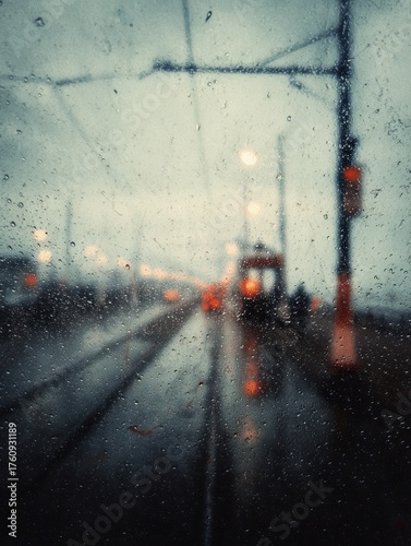 Droplets of rain spot the glass as blurred lights and reflections create a moody urban scene during a gloomy day, evoking feelings of solitude.