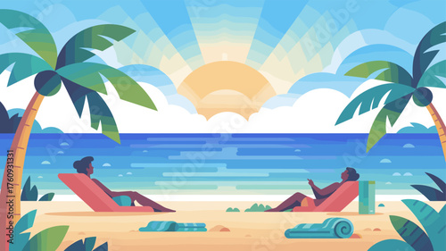A serene illustration of people relaxing at a scenic beach under the warm sun.