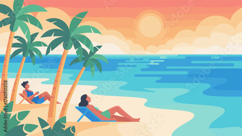 Tropical beach scene with people relaxing under palm trees.
