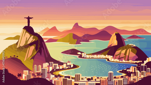A vibrant illustration of a city landscape with a scenic mountain view.