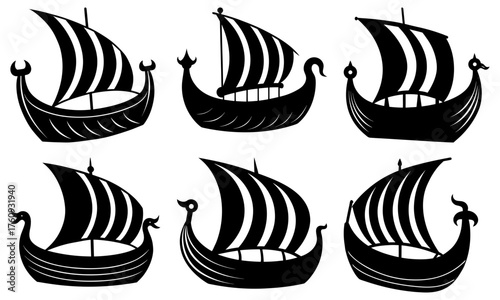 Collection of six black and white silhouette viking ship illustrations with striped sails and decorative prows