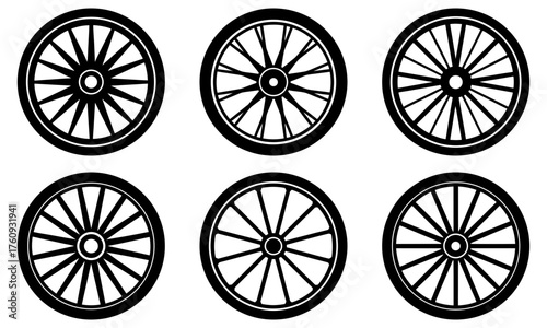 Illustration of six black and white wagon wheels with varying spoke counts in a grid arrangement