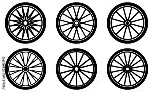 Collection of six black and white bicycle wheels with varying spoke designs arranged in two rows of three