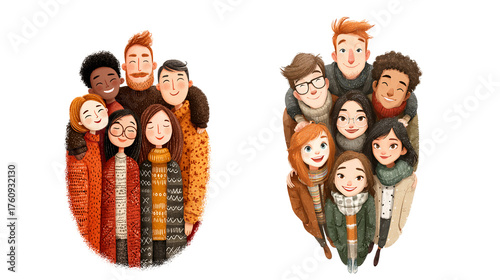Group of Diverse Friends Posing Together in Warm Knit Sweaters