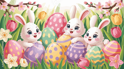 Cute Easter bunnies surrounded by colorful eggs and spring flowers.