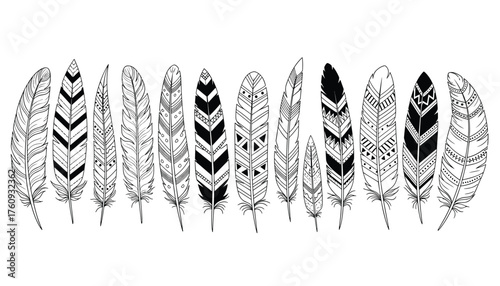 Collection of decorative handdrawn feathers with tribal patterns