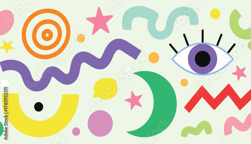 Funky Retro Backdrop: Eye, Moon, and Abstract Shapes for a Creative, Bold Design 