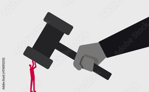 A small person pressurized by law hammer, law force illustration