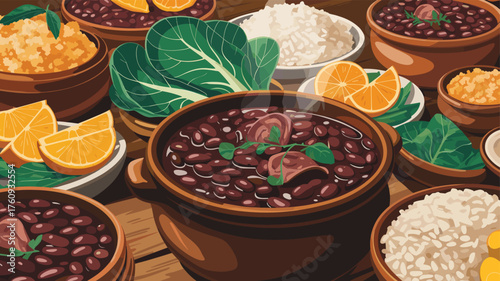 Feijoada dishes with ingredients.