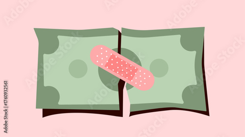 Teared money attached with bandage, fixing broken financial status illustration