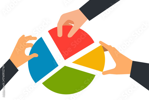 Team holding part of pie chart business illustration