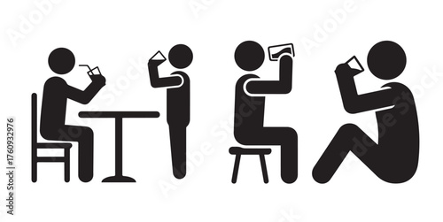 Solid stick figure icons of people drinking in different sitting and casual poses, useful for beverage, cafe, menu and lifestyle concepts.