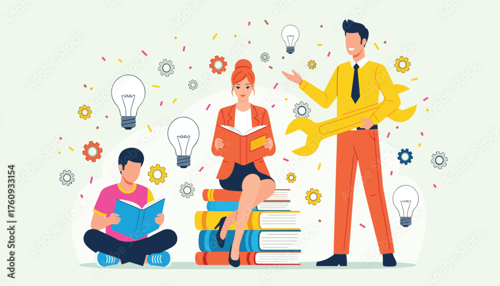 Fototapeta premium Vector art of diverse group of people engaged in learning and problemsolving, symbolizing education, innovation, and teamwork