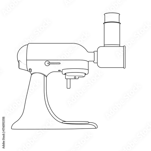 Outline illustration of a stand mixer with food processor attachment. Perfect for culinary blogs, kitchen manuals, and cooking infographics.