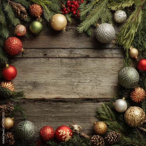Rustic Christmas frame with evergreen branches, pinecones, red and gold ornaments on wooden background – festive flat lay perfect for holiday cards and invites