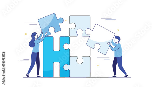 Vector art of two people assembling a large jigsaw puzzle, symbolizing teamwork, collaboration, and problemsolving