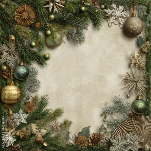Elegant Christmas border frame with gold and green ornaments, pine branches, snowflakes, and natural decor on beige background – perfect for holiday greeting designs