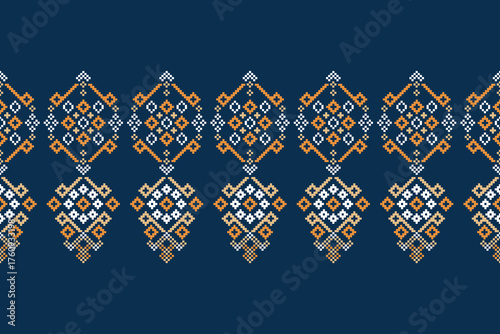 Blue color background with ethnic pattern traditional motif ikat geometric fabric pattern cross stitch.Ikat embroidery oriental pixel,abstract,vector,texture art. 
