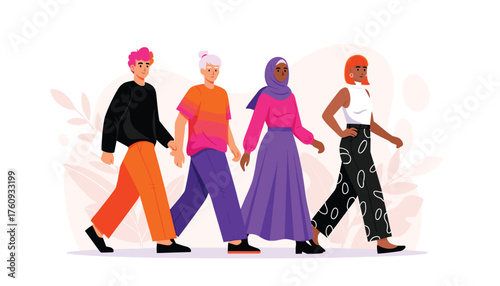 Vector art of diverse group of people walking together, representing unity and inclusivity