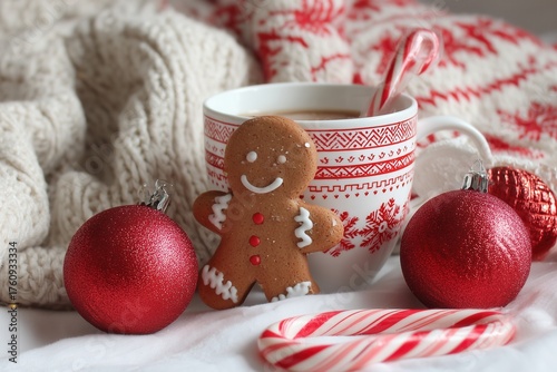 Cozy Christmas flat lay with red ornaments, candy canes, gingerbread cookie, and knit textures – festive holiday background for cards, ads, and winter promotions