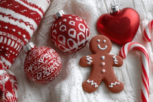 Cozy Christmas flat lay with red ornaments, candy canes, gingerbread cookie, and knit textures – festive holiday background for cards, ads, and winter promotions
