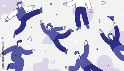 Floating in Abstract Space: Group of People Experiencing Weightlessness and Freedom