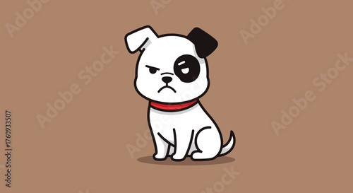 Illustration of a grumpy white cartoon dog with black spots and a red collar pet
