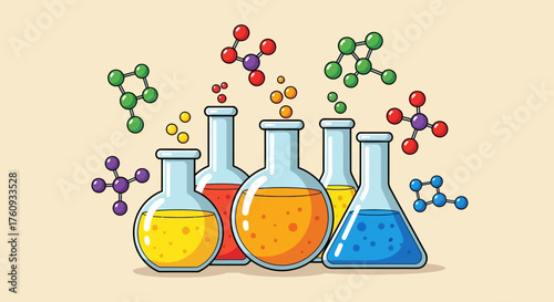 Colorful Chemistry Experiment Illustration with Molecules and Laboratory Glassware